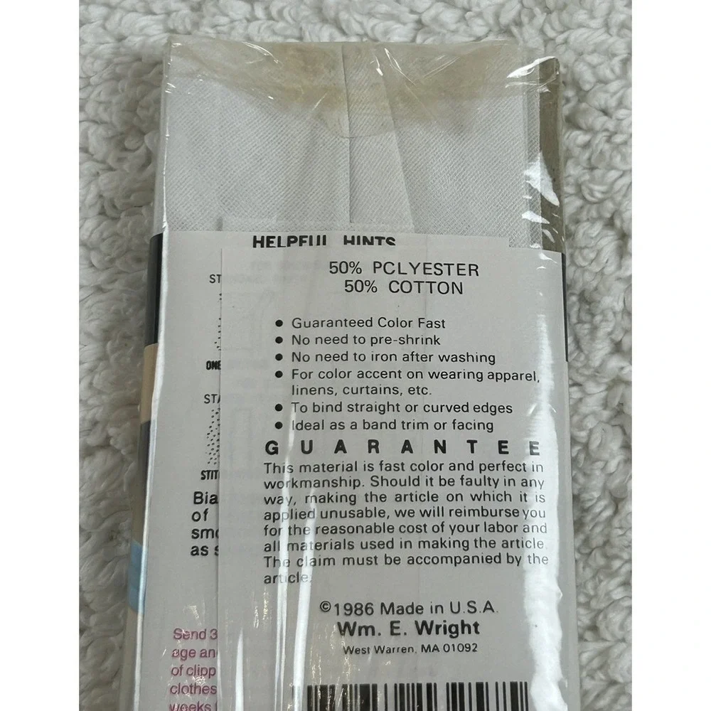 NOS 1986 Wrights Wide Bias Tape WHITE 030 - 117 202 - 3 Yds 1 Pkg Sealed